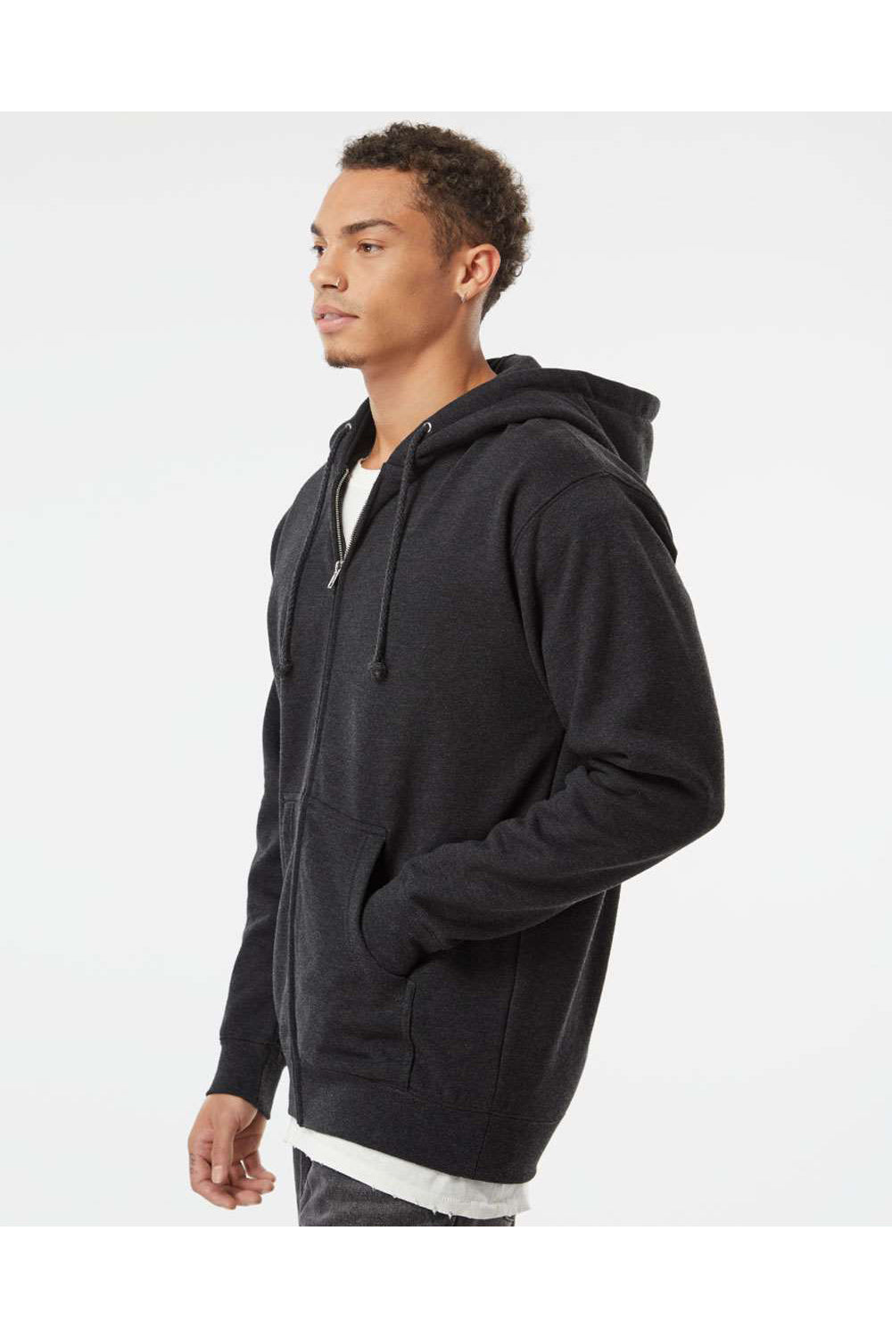 Independent Trading Co. IND4000Z Mens Full Zip Hooded Sweatshirt Hoodie Heather Charcoal Grey Model Side