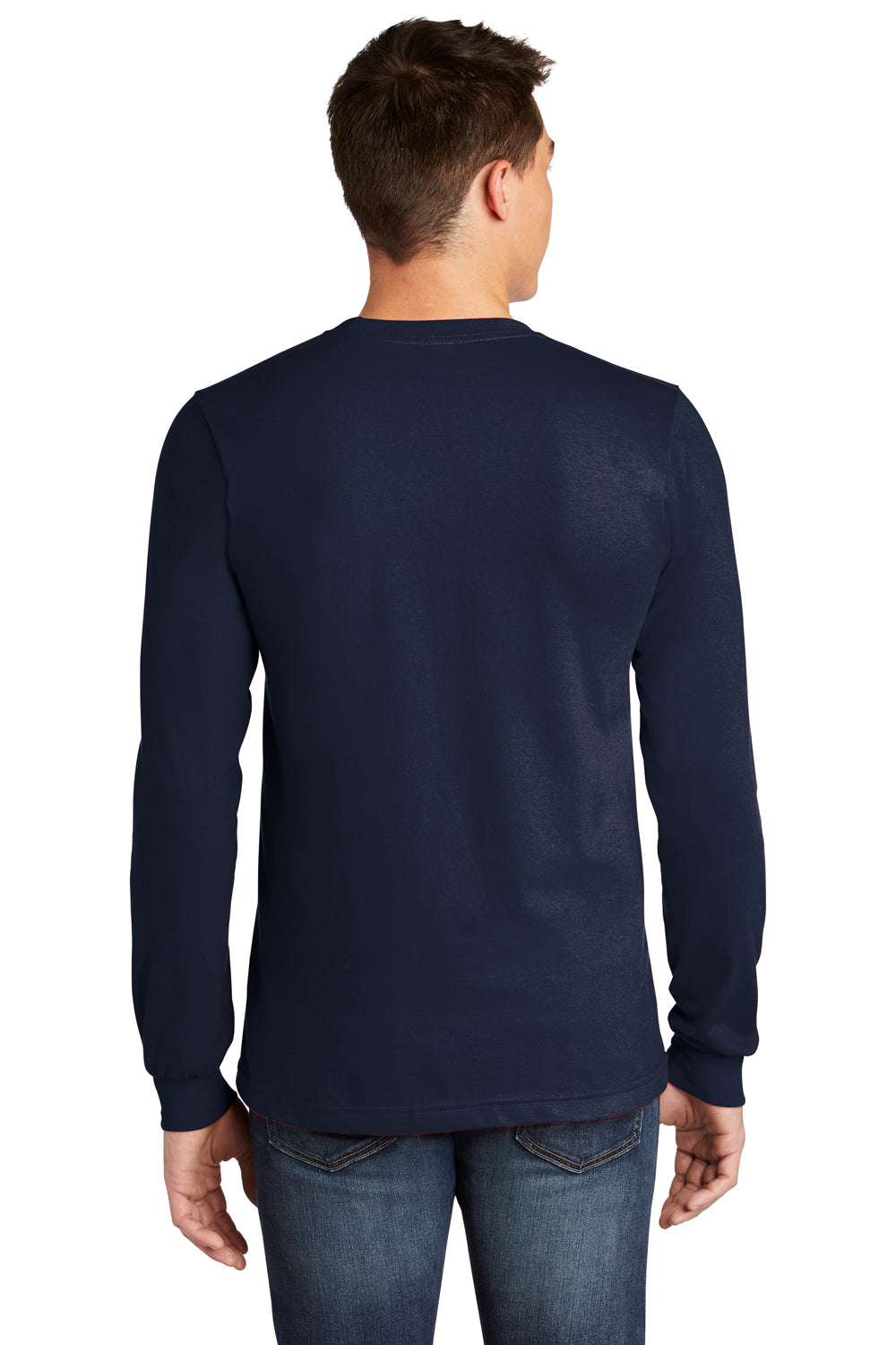 American Apparel 2007 Mens Fine Jersey Long Sleeve Crewneck T-Shirt Navy Blue Model Back
