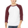 Bella + Canvas Mens 3/4 Sleeve Crewneck T-Shirt - White/Maroon - Closeout