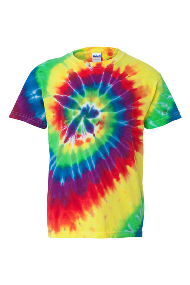 Dyenomite 20BMS Youth Spiral Tie Dyed Crewneck Short Sleeve T-Shirt Classic Rainbow Spiral Flat Front