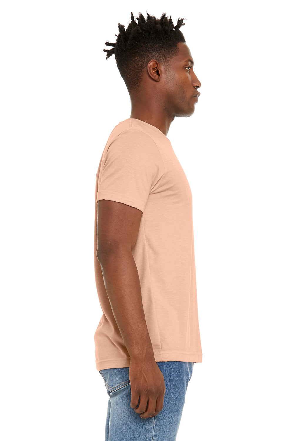 Bella + Canvas BC3301/3301C/3301 Mens Jersey Short Sleeve Crewneck T-Shirt Heather Peach Model Side