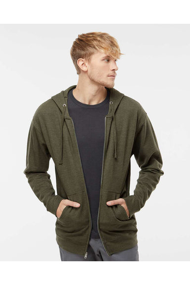 Independent Trading Co. SS4500Z Mens Full Zip Hooded Sweatshirt Hoodie Heather Army Green Model Front