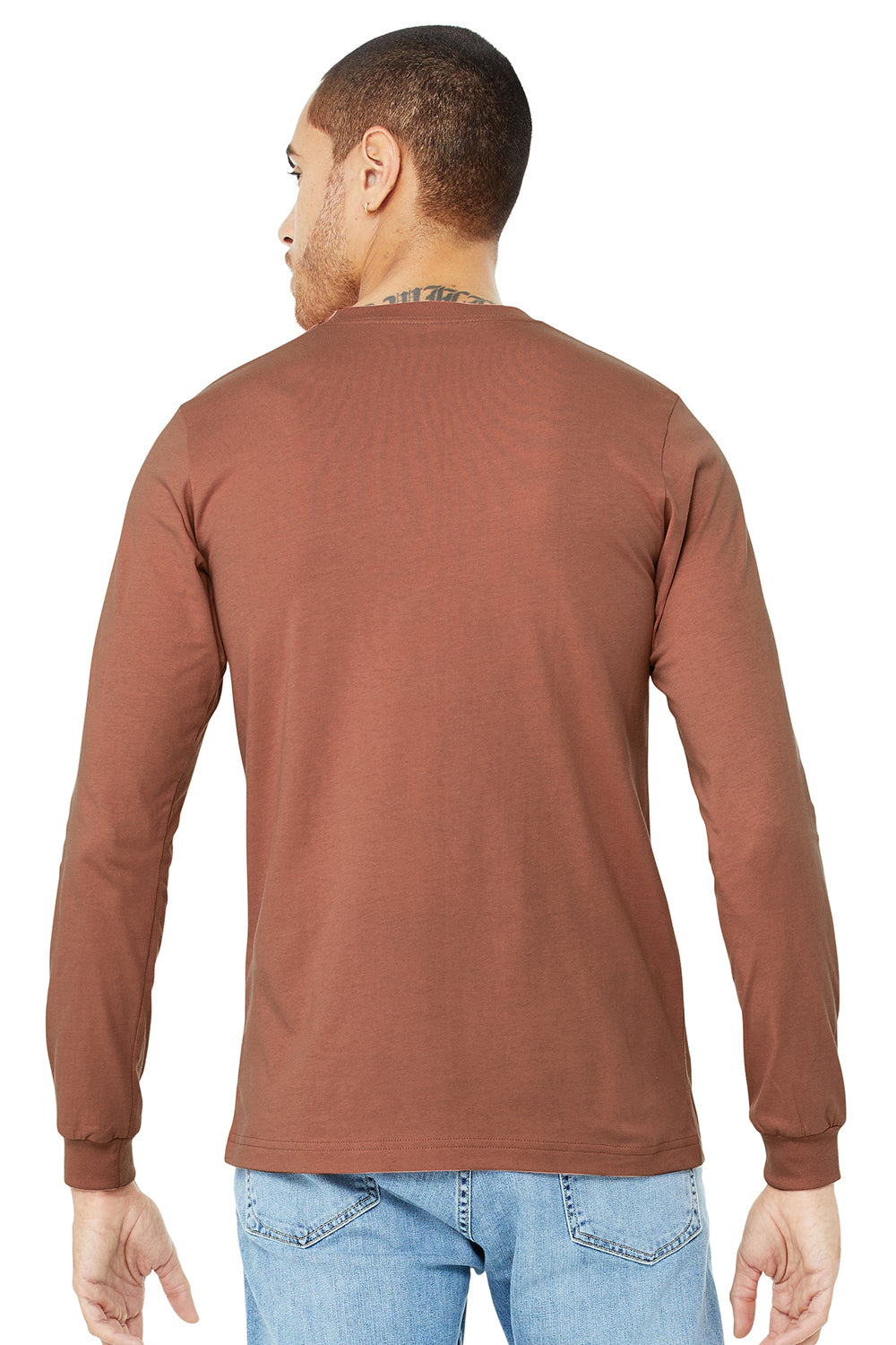 Bella + Canvas BC3501/3501 Mens Jersey Long Sleeve Crewneck T-Shirt Terracotta Model Back