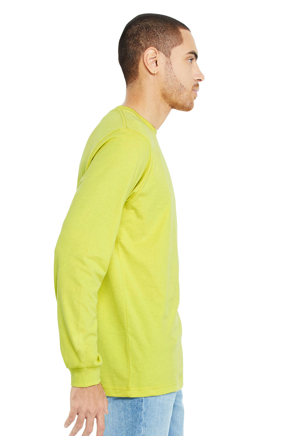 Bella + Canvas BC3501/3501 Mens Jersey Long Sleeve Crewneck T-Shirt Strobe Green Model Side