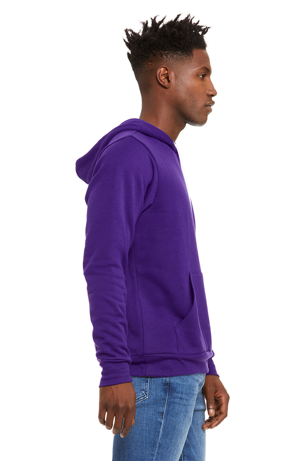 Bella + Canvas BC3719/3719 Mens Sponge Fleece Hooded Sweatshirt Hoodie Team Purple Model Side