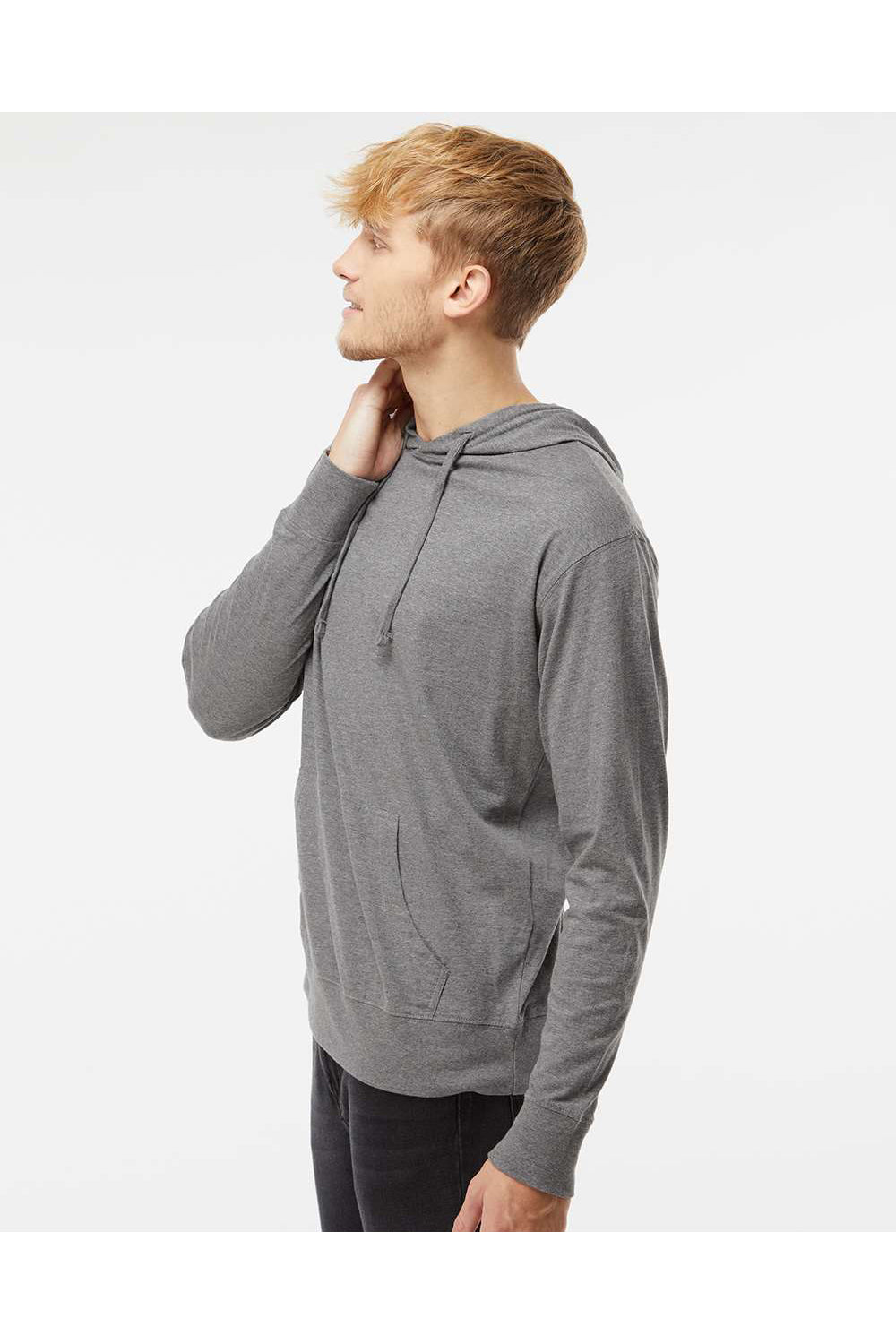 Independent Trading Co. SS150J Mens Long Sleeve Hooded T-Shirt Hoodie Heather Gunmetal Grey Model Side
