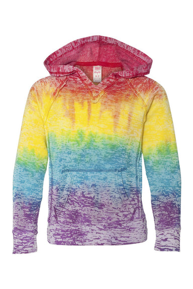 MV Sport W1162Y Youth Girls Courtney Burnout V-Notch Hooded Sweatshirt Hoodie Rainbow Stripe Flat Front