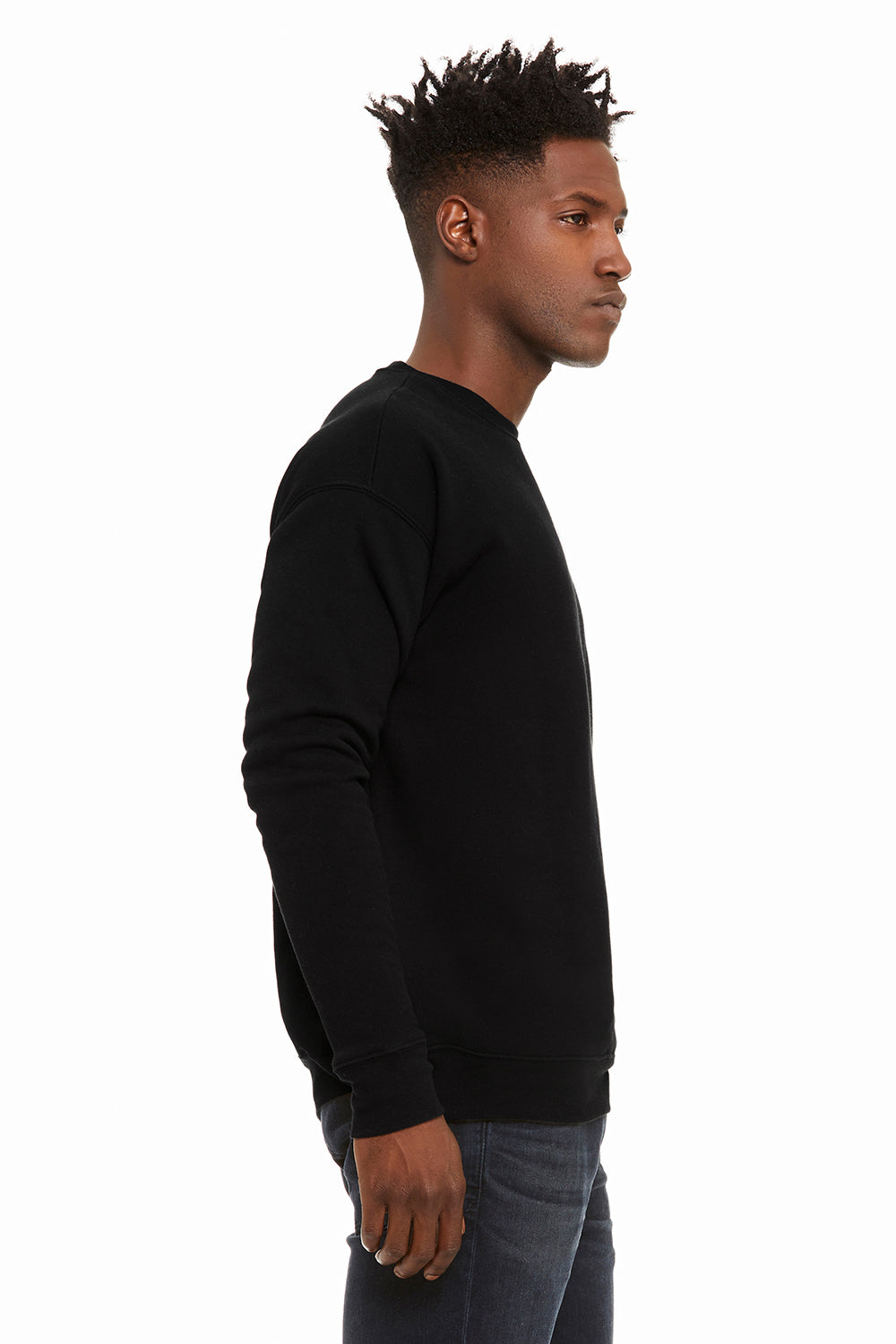 Bella + Canvas BC3945/3945 Mens Fleece Crewneck Sweatshirt DTG Black Model Side