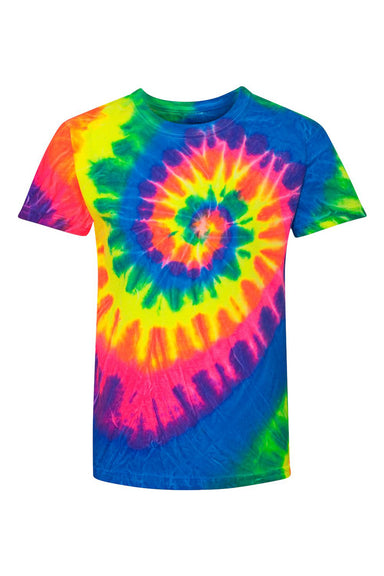 Dyenomite 20BMS Youth Spiral Tie Dyed Crewneck Short Sleeve T-Shirt Fluorescent Rainbow Spiral Flat Front