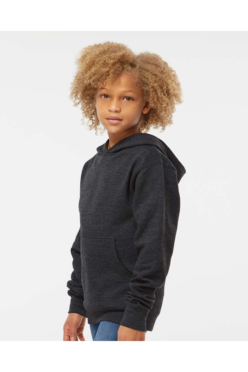 Independent Trading Co. SS4001Y Youth Hooded Sweatshirt Hoodie Heather Charcoal Grey Model Side