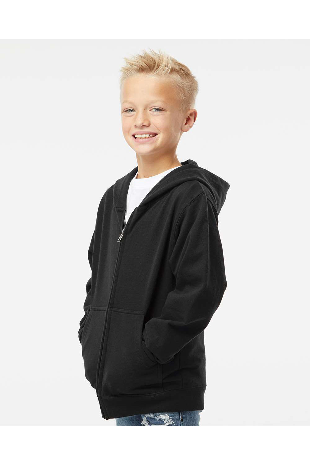 Independent Trading Co. SS4001YZ Youth Full Zip Hooded Sweatshirt Hoodie Black Model Side