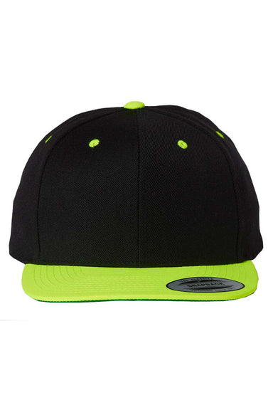 Yupoong 6089M Mens Premium Flat Bill Snapback Hat Black/Neon Green Flat Front