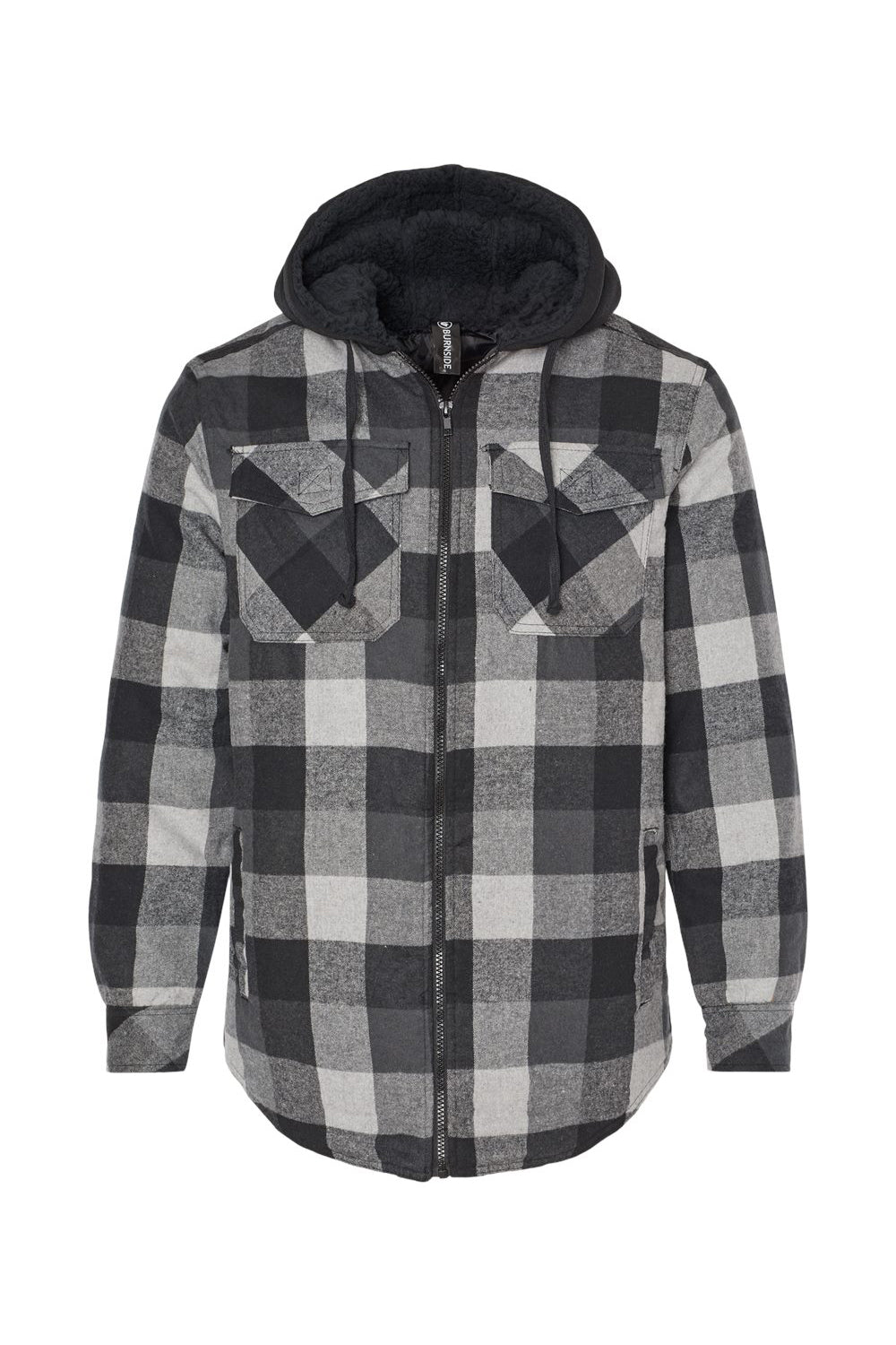 Burnside 8620 Mens Quilted Flannel Full Zip Hooded Jacket Black/Grey Flat Front