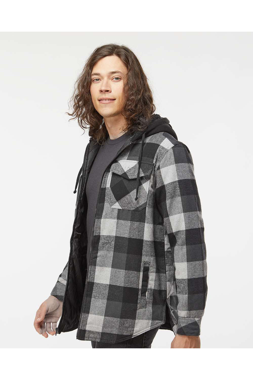 Burnside 8620 Mens Quilted Flannel Full Zip Hooded Jacket Black/Grey Model Side