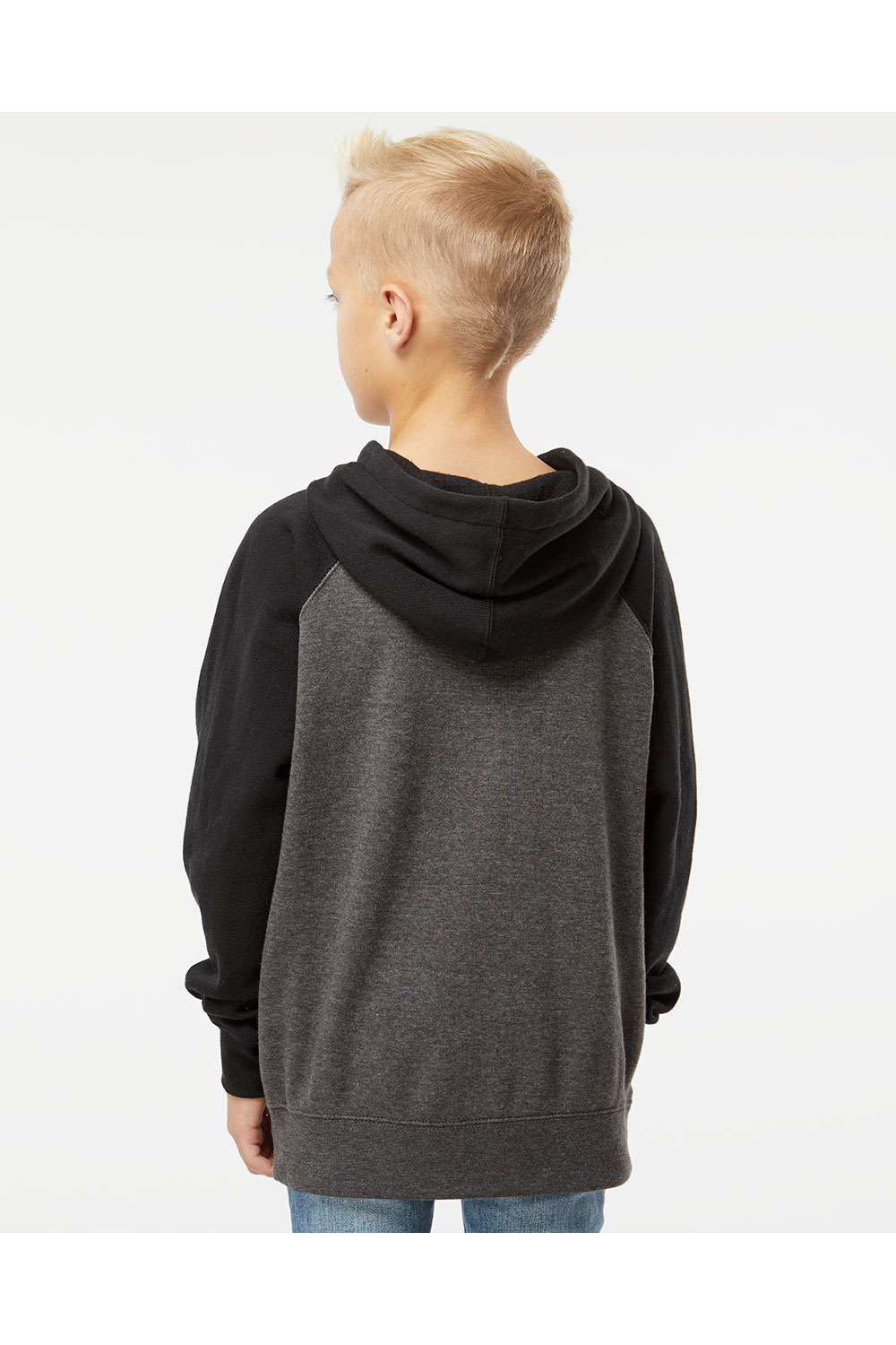 Independent Trading Co. PRM15YSB Youth Special Blend Raglan Hooded Sweatshirt Hoodie Carbon Grey/Black Model Back