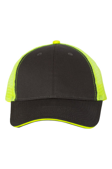 Valucap S102 Mens Sandwich Trucker Hat Charcoal Grey/Neon Yellow Flat Front