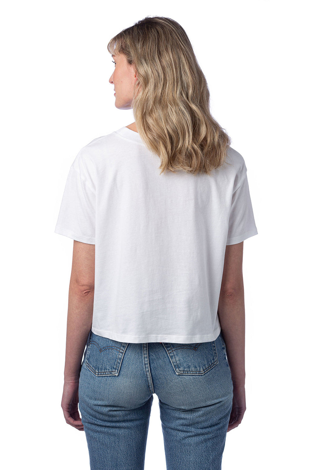 Alternative 5114C Womens Headliner Cropped Go To Short Sleeve Crewneck T-Shirt White Model Back