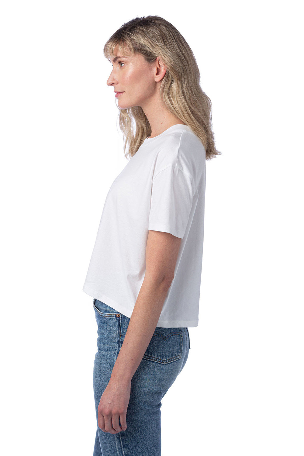 Alternative 5114C Womens Headliner Cropped Go To Short Sleeve Crewneck T-Shirt White Model Side