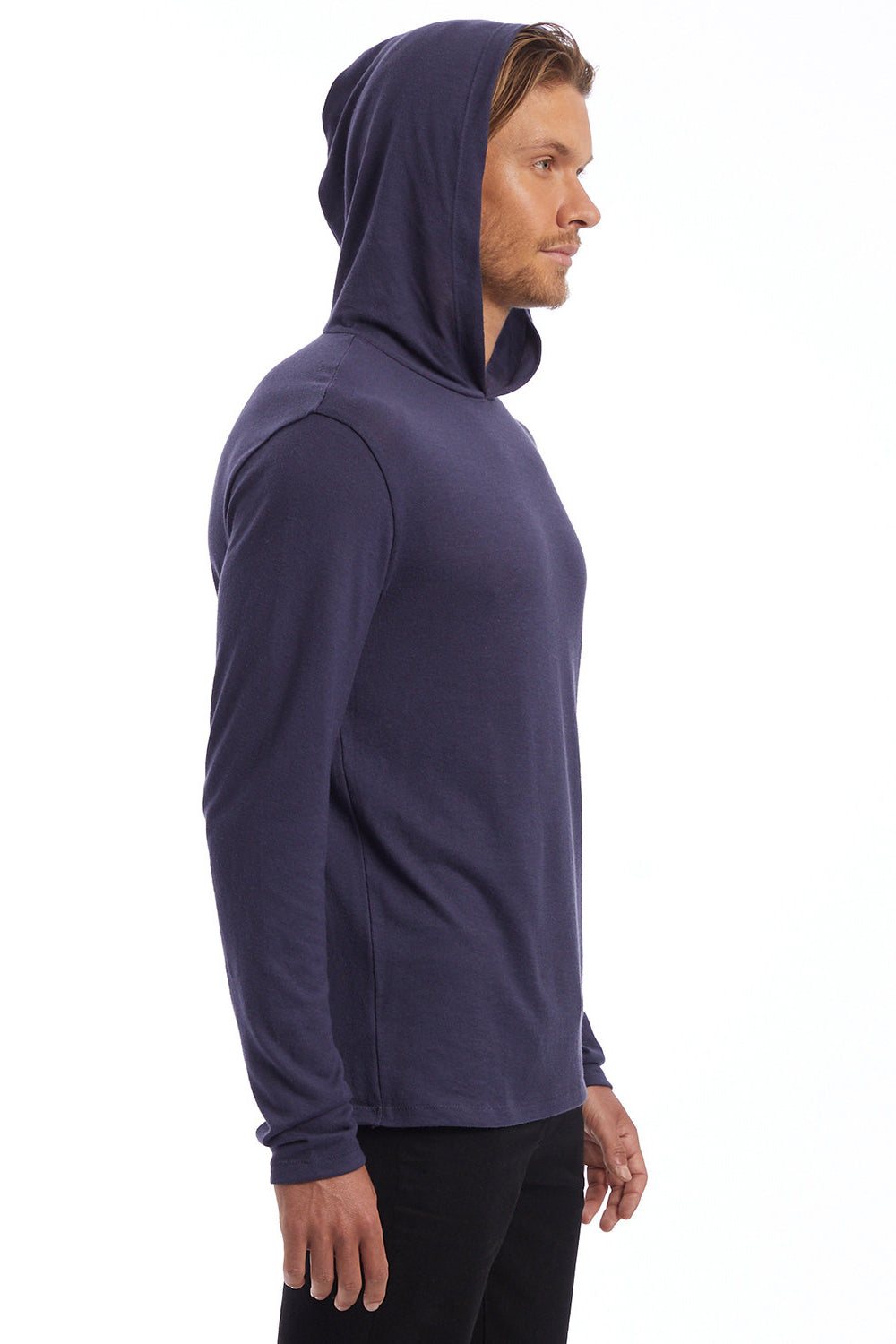 Alternative 5123 Mens Vintage Keeper Long Sleeve Hooded T-Shirt Hoodie Navy Blue Model Side