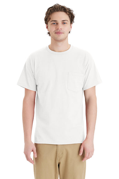 Hanes 5290P Mens Essential Short Sleeve Crewneck T-Shirt w/ Pocket White Model Front