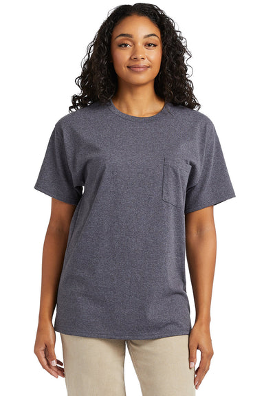 Hanes 5290P Mens Essential Short Sleeve Crewneck T-Shirt w/ Pocket Heather Charcoal Grey Model Front