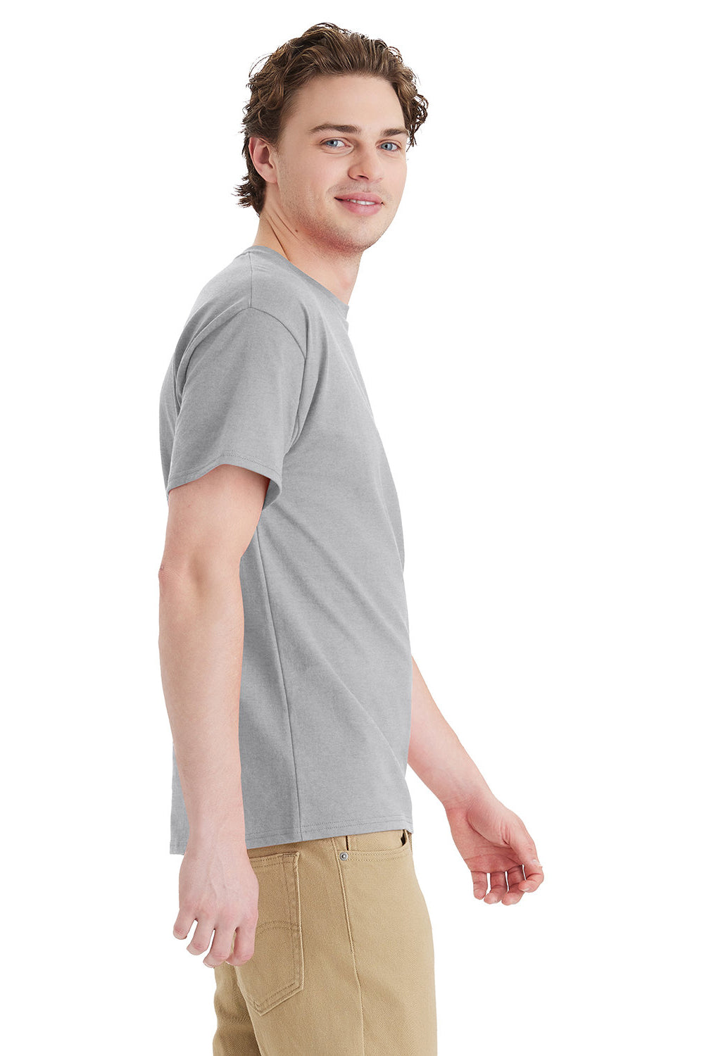 Hanes 5290P Mens Essential Short Sleeve Crewneck T-Shirt w/ Pocket Light Steel Grey Model Side