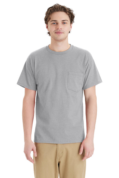 Hanes 5290P Mens Essential Short Sleeve Crewneck T-Shirt w/ Pocket Light Steel Grey Model Front