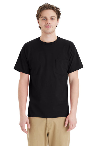 Hanes 5290P Mens Essential Short Sleeve Crewneck T-Shirt w/ Pocket Black Model Front
