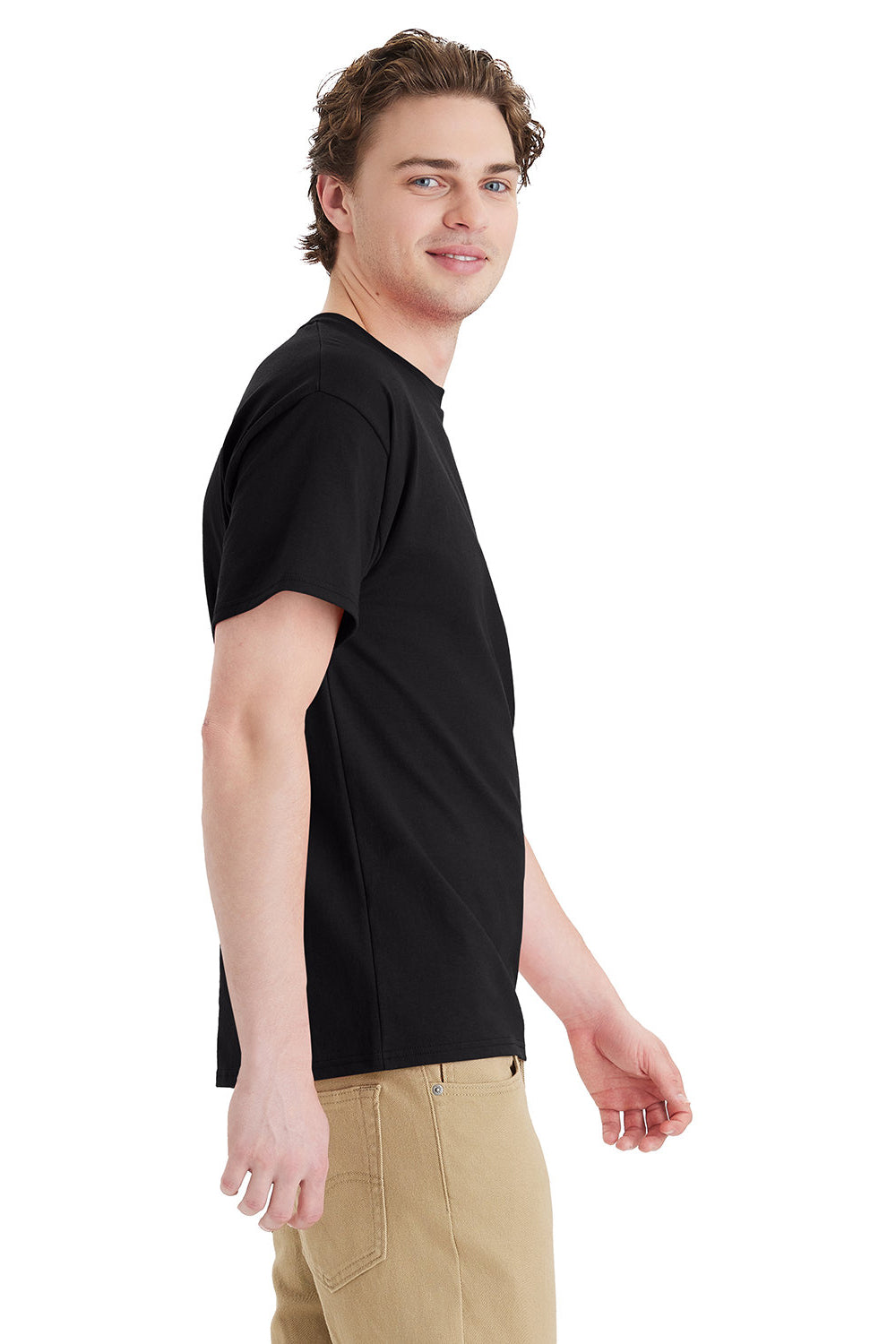 Hanes 5290P Mens Essential Short Sleeve Crewneck T-Shirt w/ Pocket Black Model Side