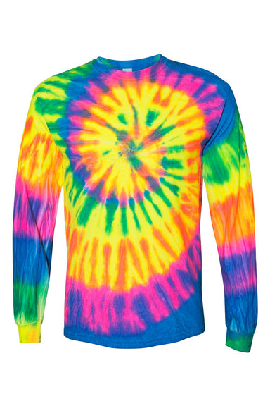 Dyenomite 240MS Mens Spiral Tie Dyed Long Sleeve Crewneck T-Shirt Fluorescent Rainbow Spiral Flat Front