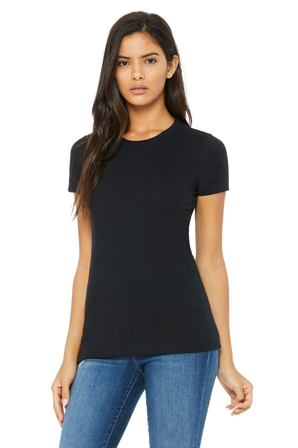 Bella + Canvas BC6004/6004 Womens The Favorite Short Sleeve Crewneck T-Shirt Solid Black Model Front