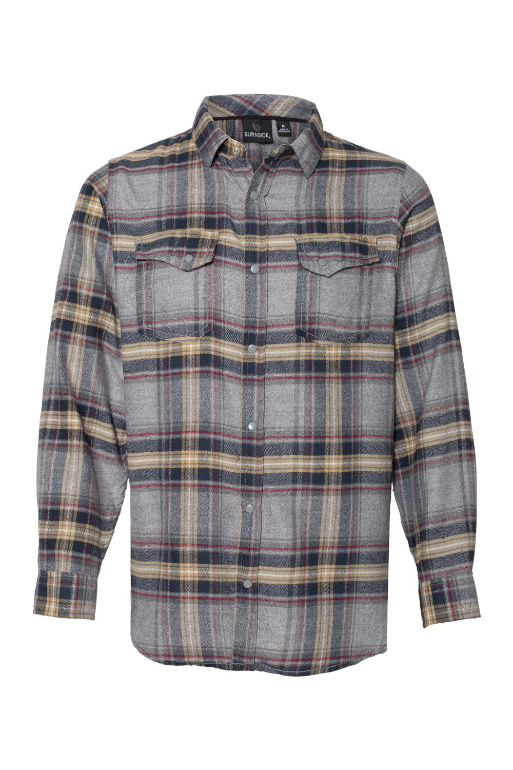 Burnside 8219 Mens Plaid Flannel Long Sleeve Snap Down Shirt w/ Double Pockets Light Grey Flat Front