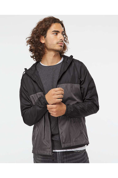 Independent Trading Co. EXP54LWZ Mens Full Zip Windbreaker Hooded Jacket Black/Graphite Grey Model Front