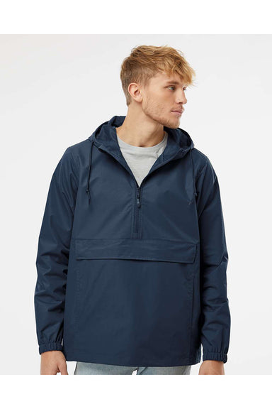 Independent Trading Co. EXP94NAW Mens Nylon Hooded Anorak Jacket Classic Navy Blue Model Front