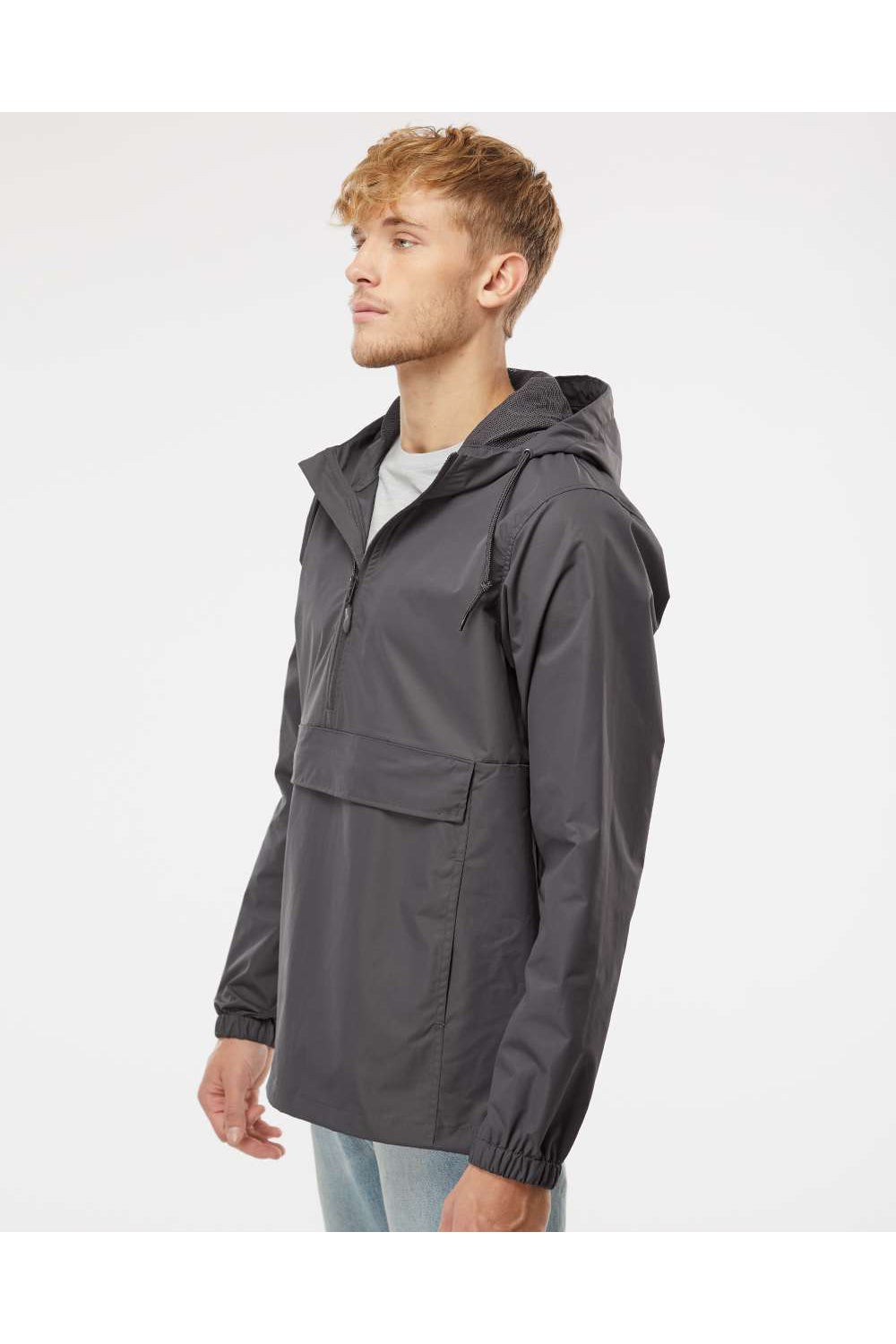 Independent Trading Co. EXP94NAW Mens Nylon Hooded Anorak Jacket Graphite Grey Model Side