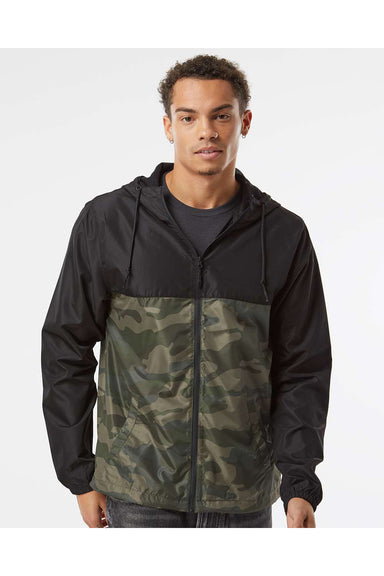Independent Trading Co. EXP54LWZ Mens Full Zip Windbreaker Hooded Jacket Black/Forest Green Camo Model Front