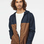 Independent Trading Co. Mens Water Resistant Full Zip Windbreaker Hooded Jacket - Classic Navy Blue/Saddle Brown - NEW