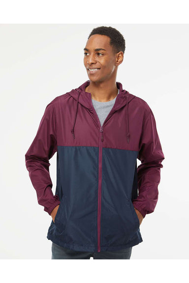 Independent Trading Co. EXP54LWZ Mens Full Zip Windbreaker Hooded Jacket Maroon/Classic Navy Blue Model Front