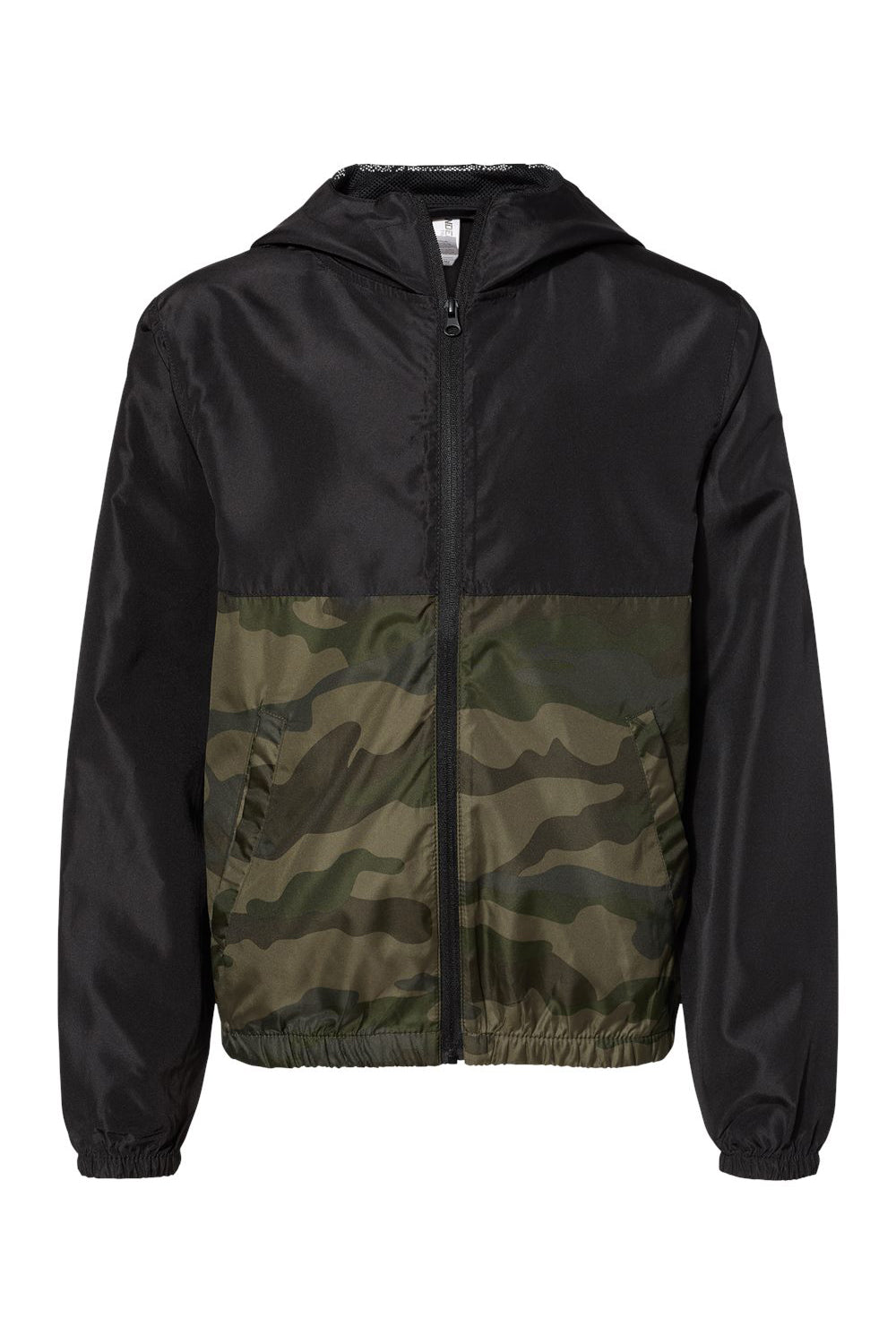 Independent Trading Co. EXP24YWZ Youth Full Zip Windbreaker Hooded Jacket Black/Forest Green Camo Flat Front