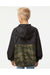 Independent Trading Co. EXP24YWZ Youth Full Zip Windbreaker Hooded Jacket Black/Forest Green Camo Model Back