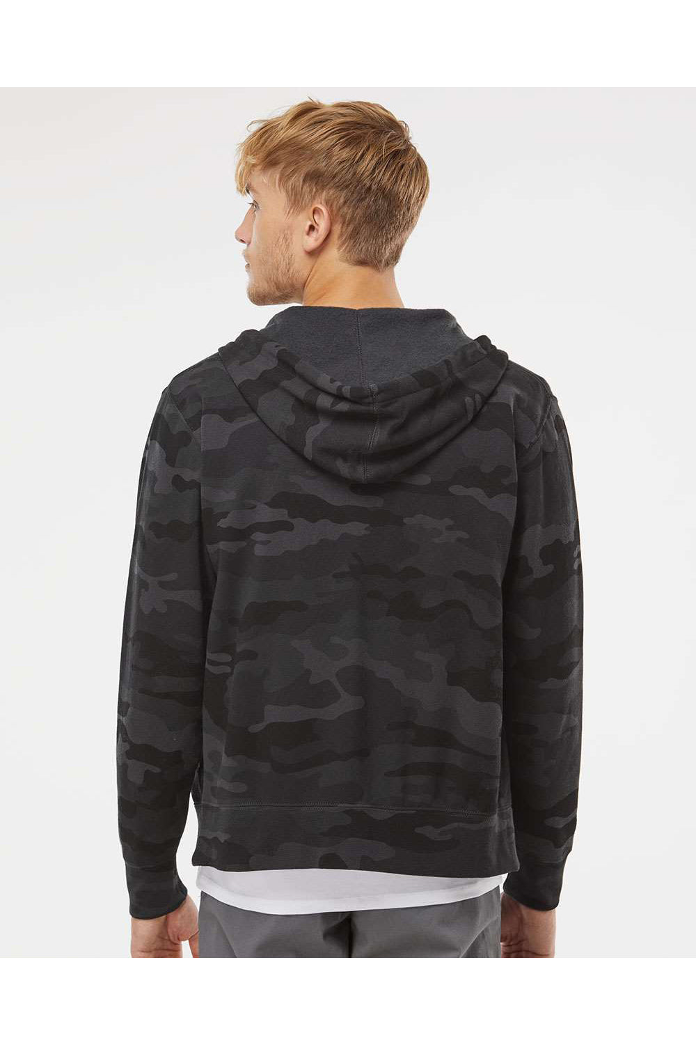 Independent Trading Co. AFX90UNZ Mens Full Zip Hooded Sweatshirt Hoodie Black Camo Model Back