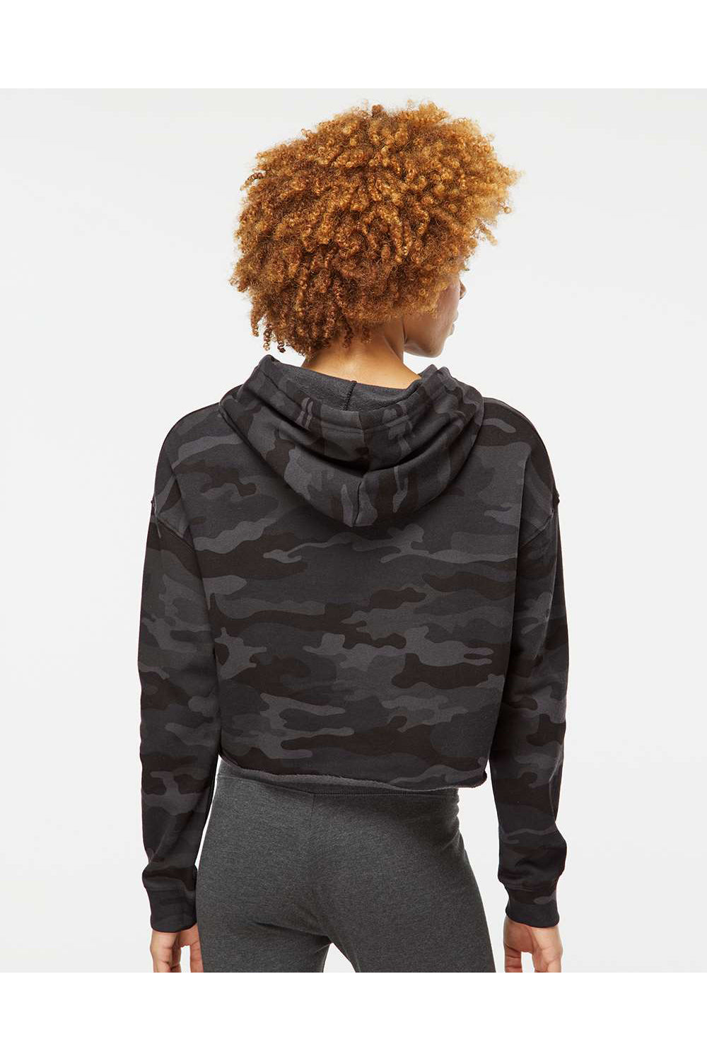 Independent Trading Co. AFX64CRP Womens Crop Hooded Sweatshirt Hoodie Black Camo Model Back