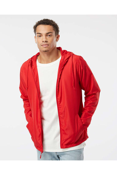 Independent Trading Co. EXP54LWZ Mens Full Zip Windbreaker Hooded Jacket Red Model Front