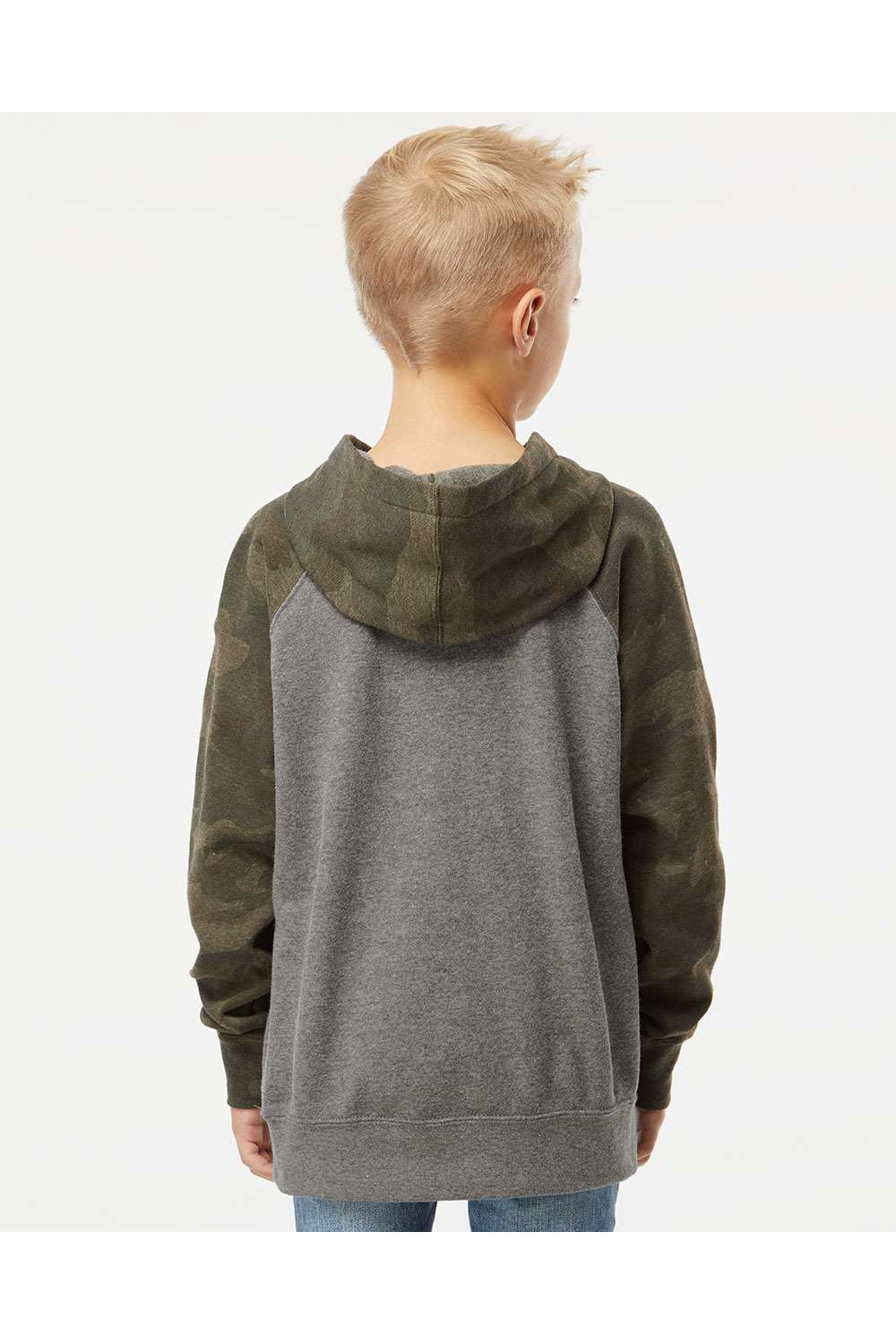 Independent Trading Co. PRM15YSB Youth Special Blend Raglan Hooded Sweatshirt Hoodie Heather Nickel Grey/Forest Green Camo Model Back