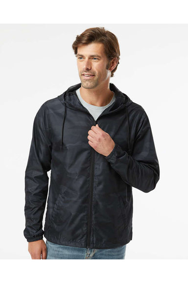 Independent Trading Co. EXP54LWZ Mens Full Zip Windbreaker Hooded Jacket Black Camo Model Front