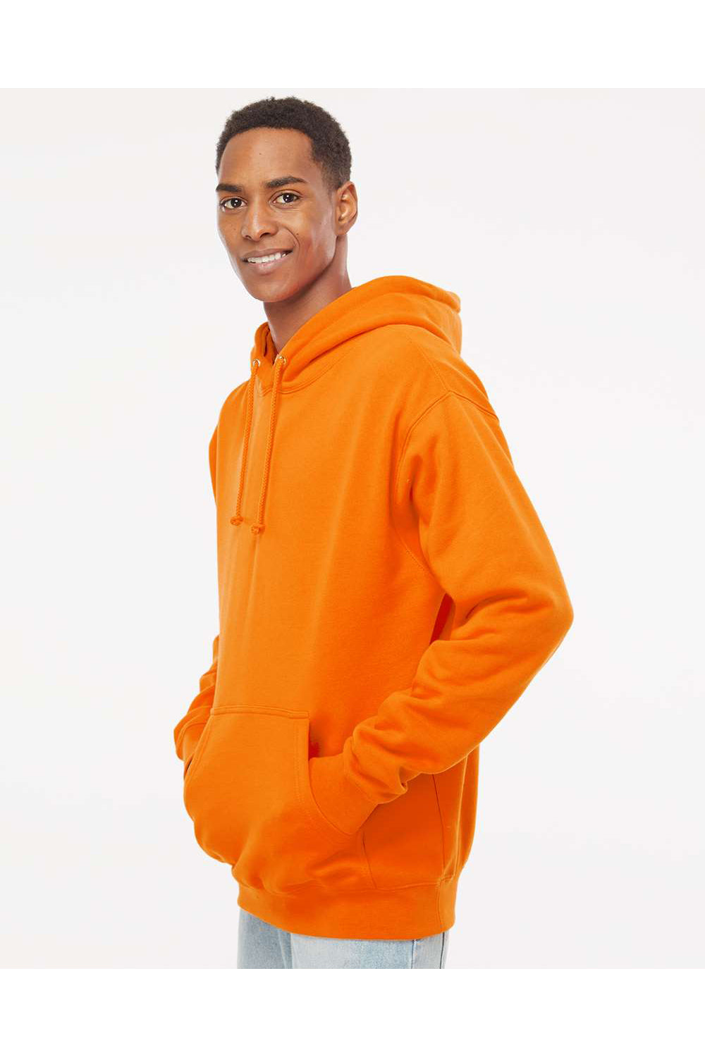 Independent Trading Co. IND4000 Mens Hooded Sweatshirt Hoodie Safety Orange Model Side