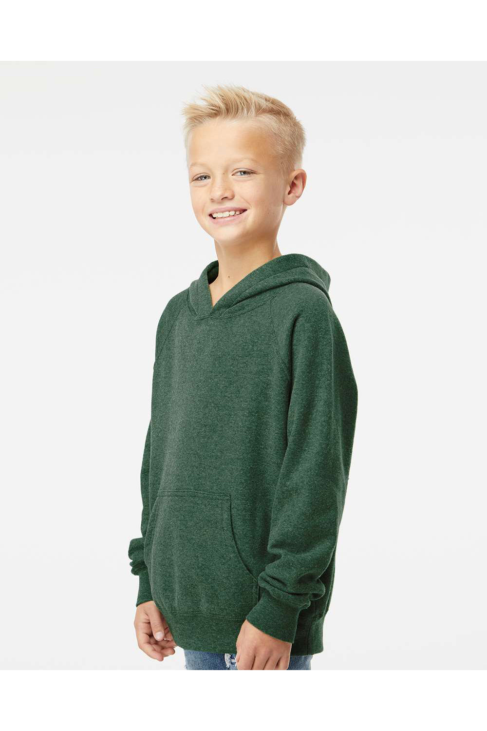 Independent Trading Co. PRM15YSB Youth Special Blend Raglan Hooded Sweatshirt Hoodie Moss Green Model Side