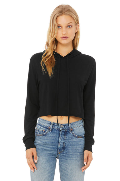 Bella + Canvas 8512 Womens Crop Long Sleeve Hooded Sweatshirt Hoodie Solid Black Model Front