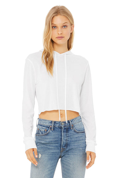 Bella + Canvas 8512 Womens Crop Long Sleeve Hooded Sweatshirt Hoodie Solid White Model Front