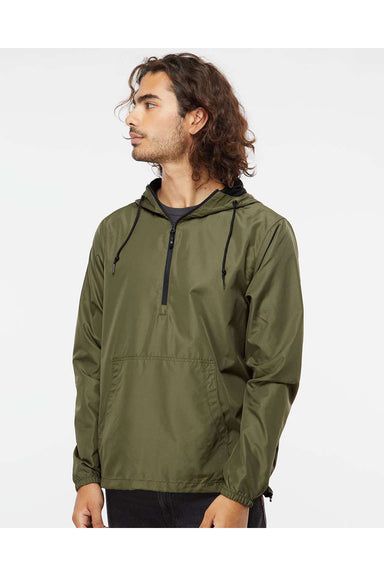 Independent Trading Co. EXP54LWP Mens 1/4 Zip Windbreaker Hooded Jacket Army Green Model Front